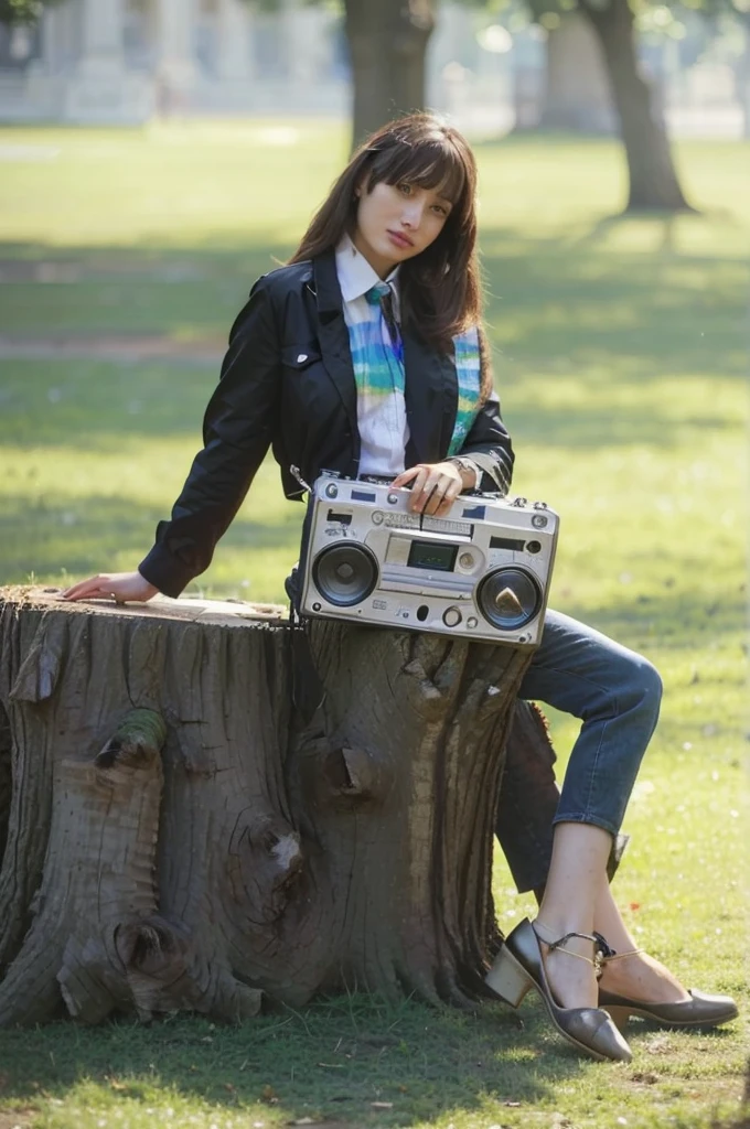 araffe sitting on a tree stump with a radio cassettes in her hand, radio cassettes, Ghetto Blaster, big Ghetto Blaster, portrait!!!!, promotional shot, marty mcfly woman, elegant pose, in a park de la ciudad, dj sura, in a park, musician, very elegant, Masterpiece!!!!, elegant, music in the air, in a park, dj, ekaterina