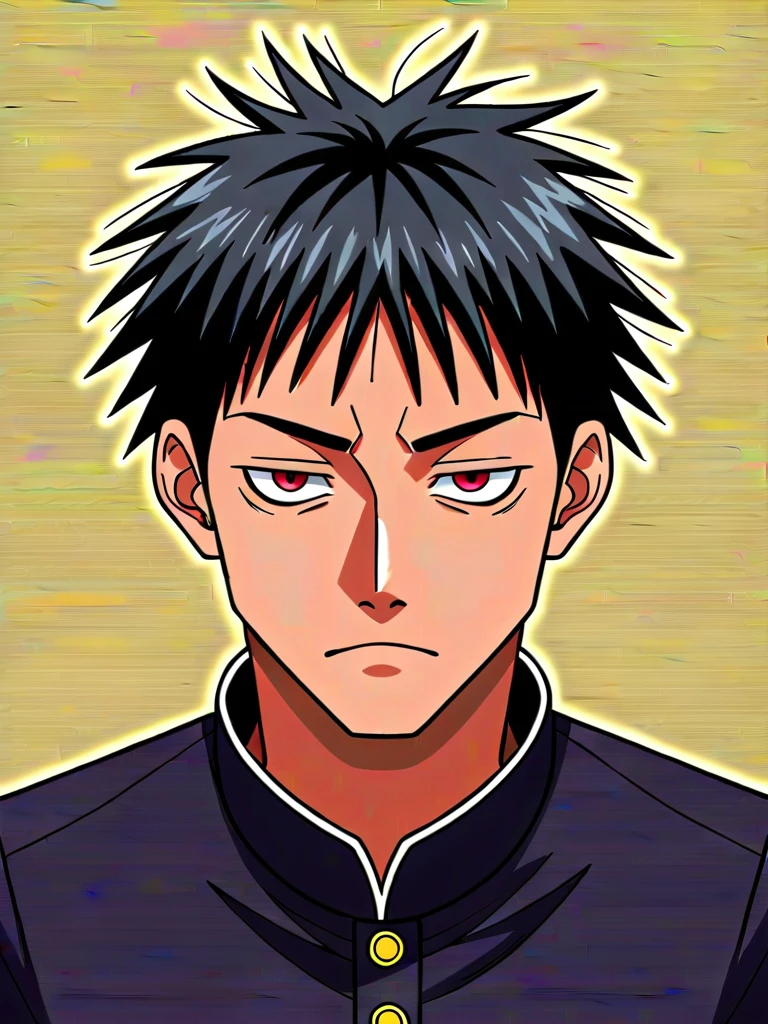 (1boy,jujutsu kaisen) solo, ((brown skin color)), black hair, ((messy fringe hairstyle)), red eyes, black suit, tired eyes, eye bags, ************, masterpiece, best quality, high quality, upper body, male focus, eye bags, 