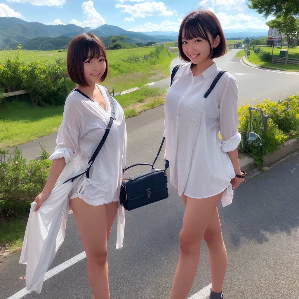 RAW Photos,Japanese, young woman,summer,Daytime, Country Road,Panorama,Vision,A large cumulonimbus cloud behind,Three Women,Brown haired,Laughter,aAccurate hands,Accurate脚, Very short hair,Large Breasts, Accurate, Textured skin, Super detailed, Attention to detail, high quality, 最high quality, High resolution, 8K