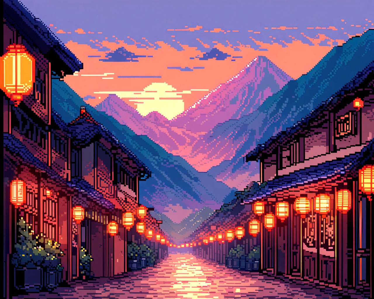Exquisite pixel art. Main composition is a Japanese old street without people ,background can see mountains and could but not too much, that time can see sunset. decrease some lantern and made pixel more refined, cool colors