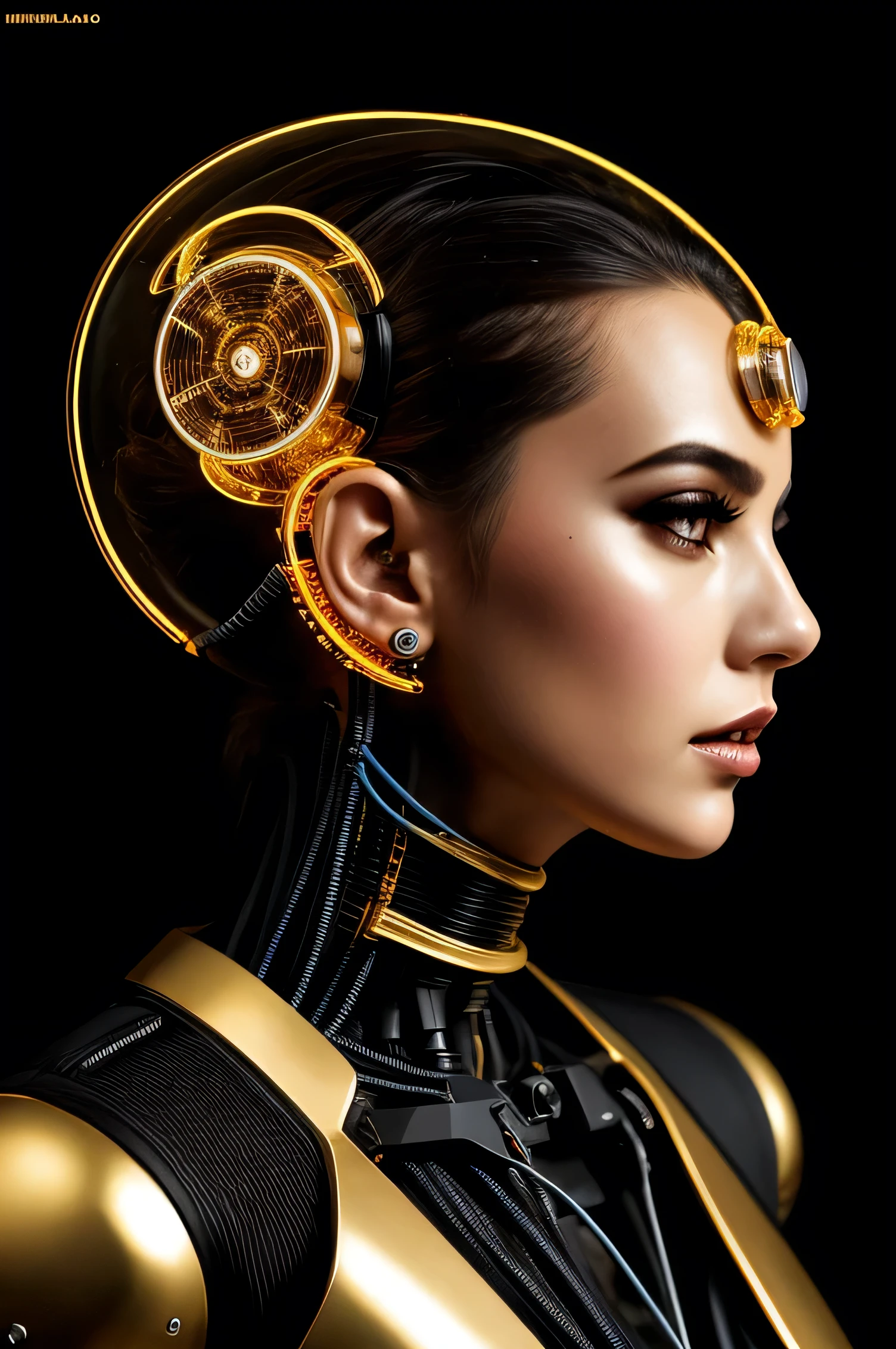 Profile photo, In front of the black wall, Cyborg woman with no body, Connect with cables, wires and LEDs, Punk PLC robot with an attractive transparent gold plexiglass body and a silver motor head, with a ray gun, 80 degree field of view, art:sergio lopez , Natalie Shau, James Jean and Salvador Dali