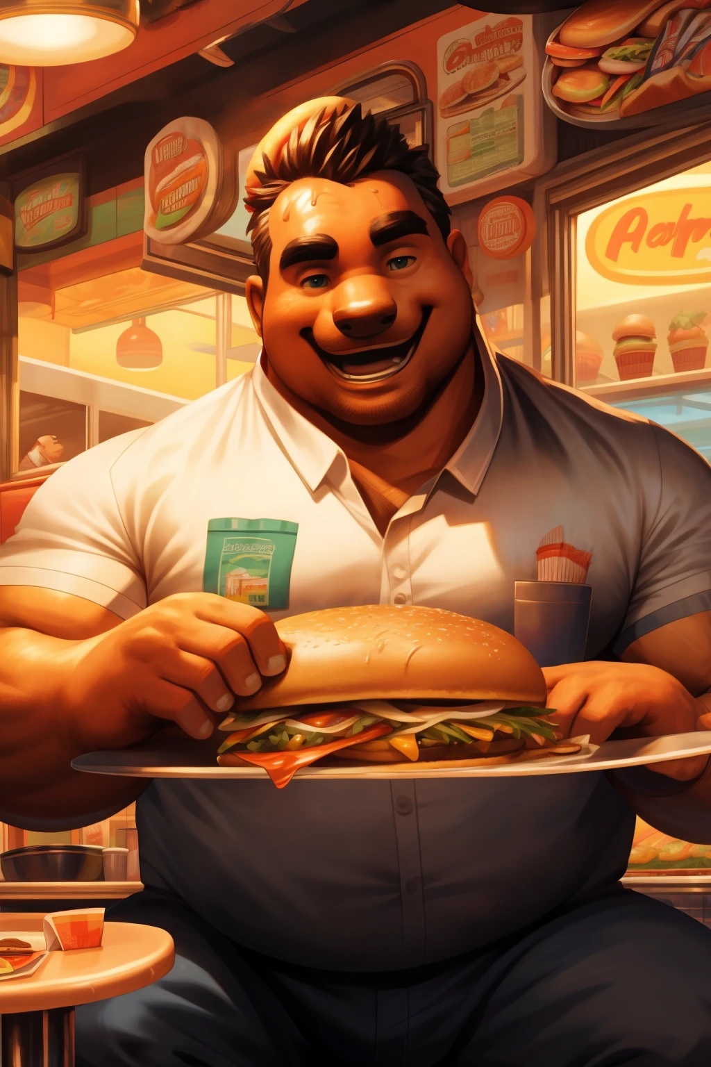 In the heart of Arabia Saudia, an obese man indulges in a delightful feast of fast food. Sitting in a vibrant, retro-style diner, he relishes every bite, his pleasured expression painted against the backdrop of a bustling, colorful scene. The image is rendered in exquisite detail, with the man's ample figure and the appetizing spread of food presented in their utmost realism. The lighting in the diner is soft and warm, casting a golden glow on the man's sweating face and the shiny, greasy surfaces of the food. The scene is rendered in the highest quality, with a richness of detail that makes the viewer feel