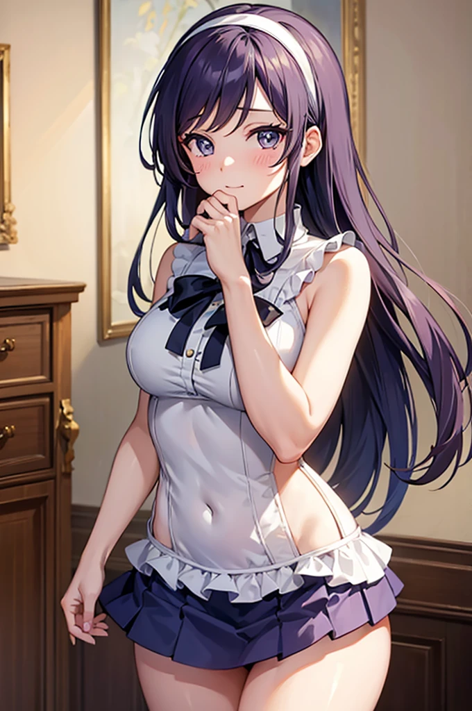 Highly detailed, high quality, masterpiece, beautiful, (all photographic shot), girl  girl, nozomi tojo character from love live, perfect eyes, pretty eyes, clear eyes, blushing face, happy face, big thighs, with headband, medium chest, long hair, sexy, short skirt, shows full panties, background image in a modern living room, semi-nude