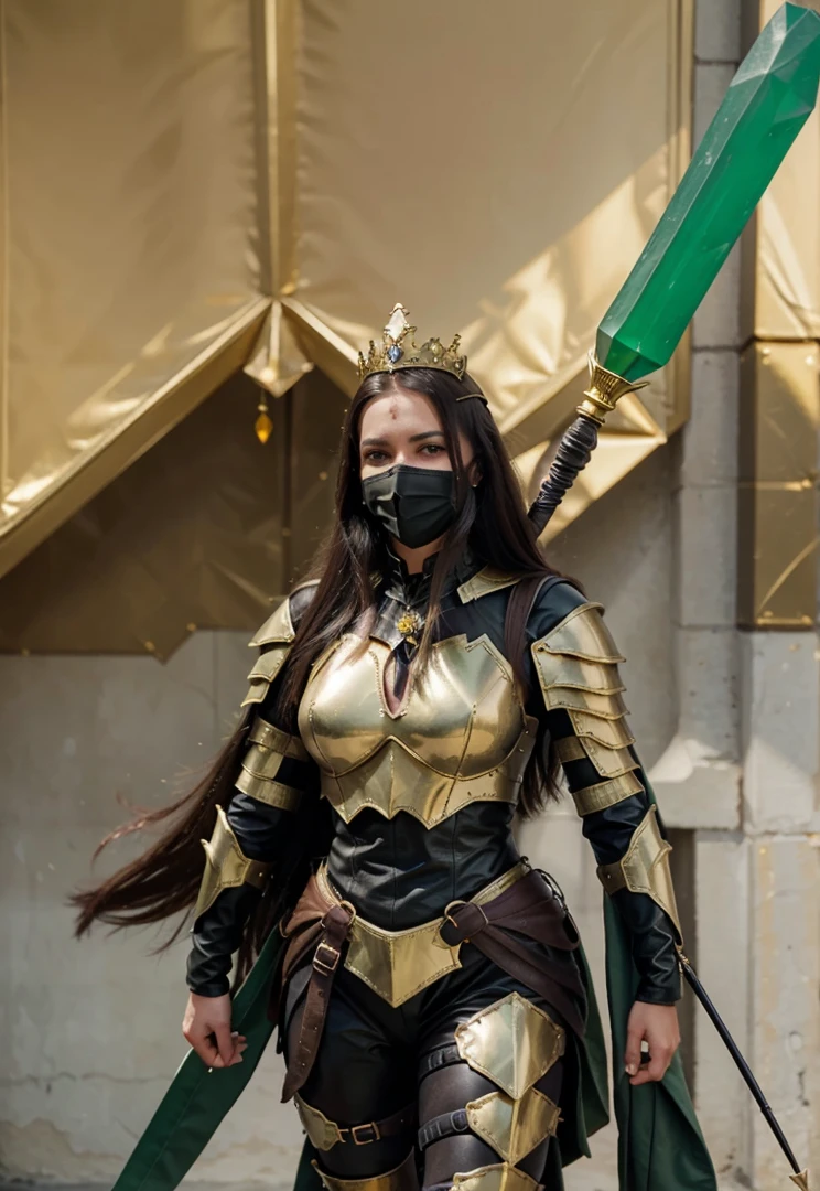 A queen in golden armor dark green Leather and a spear with a crystal on it on her back armored mouth mask