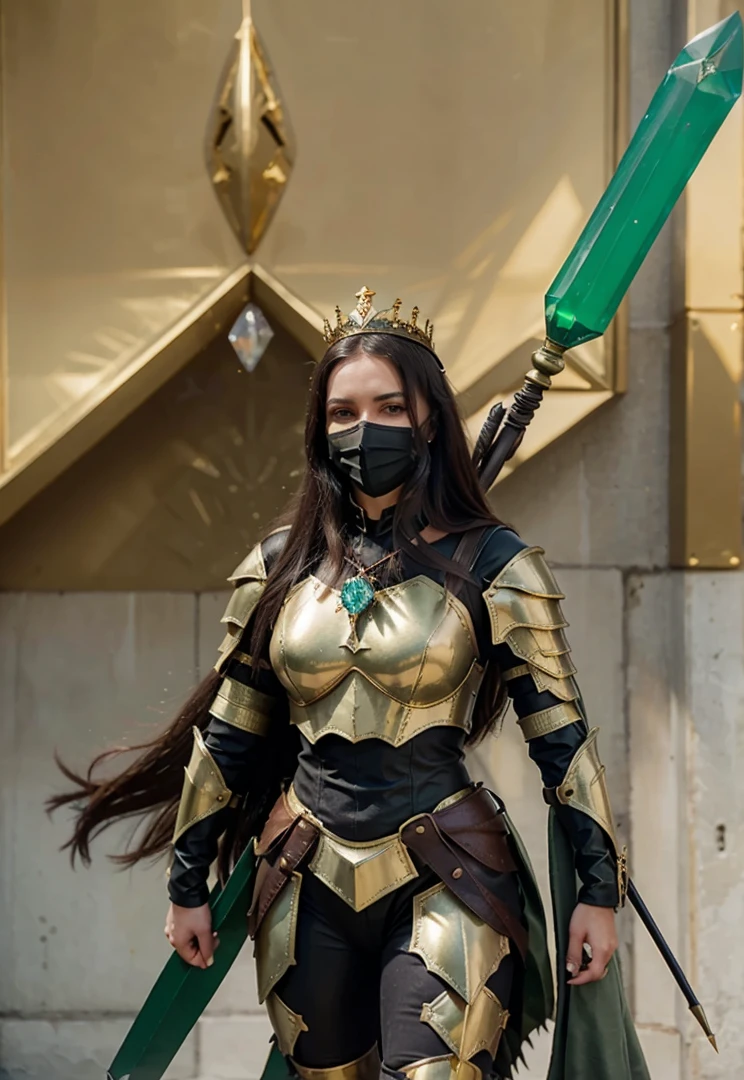 A queen in golden armor dark green Leather and a spear with a crystal on it on her back armored mouth mask