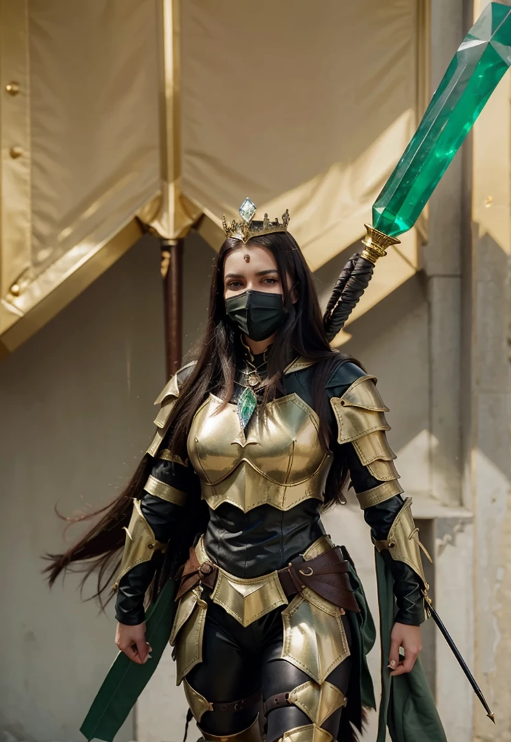 A queen in golden armor dark green Leather and a spear with a crystal on it on her back armored mouth mask