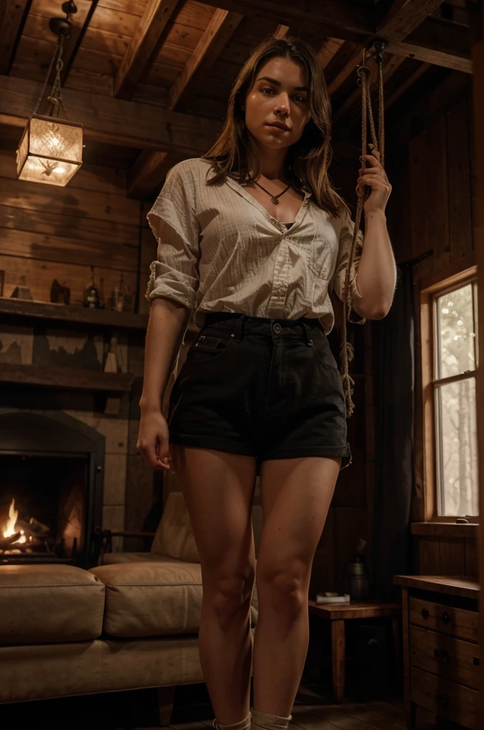a young white female, rope around ankles, hanging by ankles, being lowered from rafters of a cabin, above a living room with a couch, fireplace lighting, detailed face, realistic, photorealistic, 8k, HDR, cinematic lighting, dramatic composition, dramatic lighting, chiaroscuro, moody atmosphere, dark tones, warm colors, hyperrealistic, beautiful eyes, beautiful face, mission impossible style