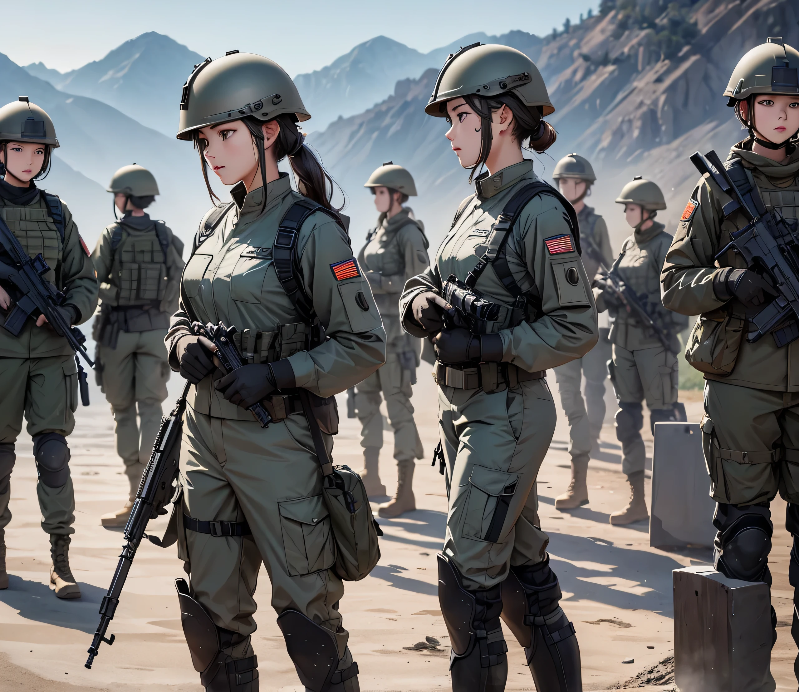 A group of female soldiers wearing helmets、All in grey uniforms、Military Pants、Gloves、Standing side by side、Write details、masterpiece、best quality、Highly detailed CG、8K picture quality