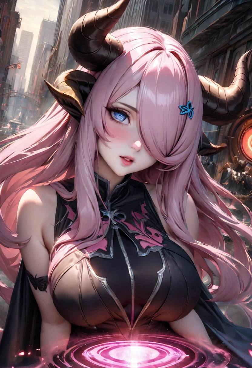 Narmaya has just stepped through a portal from her fantasy world into modern America. She stands in awe of the city buildings around her as the portal behind her closes. The image is life-like and semi-realistic. Extreme detail has been put into the shading. It's a masterpiece of fantasy art.(masterpiece), best quality, expressive eyes, perfect face, portal, American city, sky scrapers, seductive, erotic, fantasy, 8k, absurdres, narmaya, pink hair, blue eye with pink pupil, hair over eye, draph, horns, butterfly hair clip,