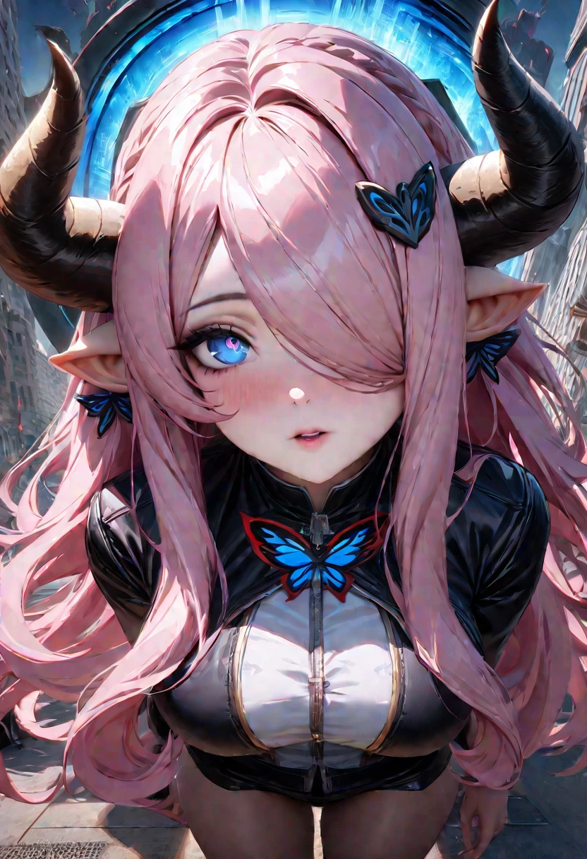 Narmaya has just stepped through a portal from her fantasy world into modern America. She stands in awe of the city buildings around her as the portal behind her closes. The image is life-like and semi-realistic. Extreme detail has been put into the shading. It's a masterpiece of fantasy art.(masterpiece), best quality, expressive eyes, perfect face, portal, American city, sky scrapers, seductive, erotic, fantasy, 8k, absurdres, narmaya, pink hair, blue eye with pink pupil, hair over eye, draph, horns, butterfly hair clip,