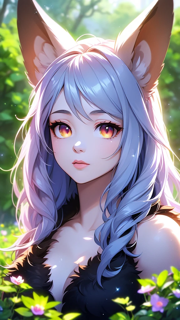 a furry cat, 1 girl, detailed beautiful girl with large breasts, black fur, red eyes, yellow dress, meadow, flowers, sexy, (best quality,4k,8k,highres,masterpiece:1.2),ultra-detailed,(realistic,photorealistic,photo-realistic:1.37),highly detailed face, intricate details, detailed facial features, porcelain skin, delicate features, elegant pose, dynamic lighting, vibrant colors, lush foliage, colorful flowers, magical fantasy
