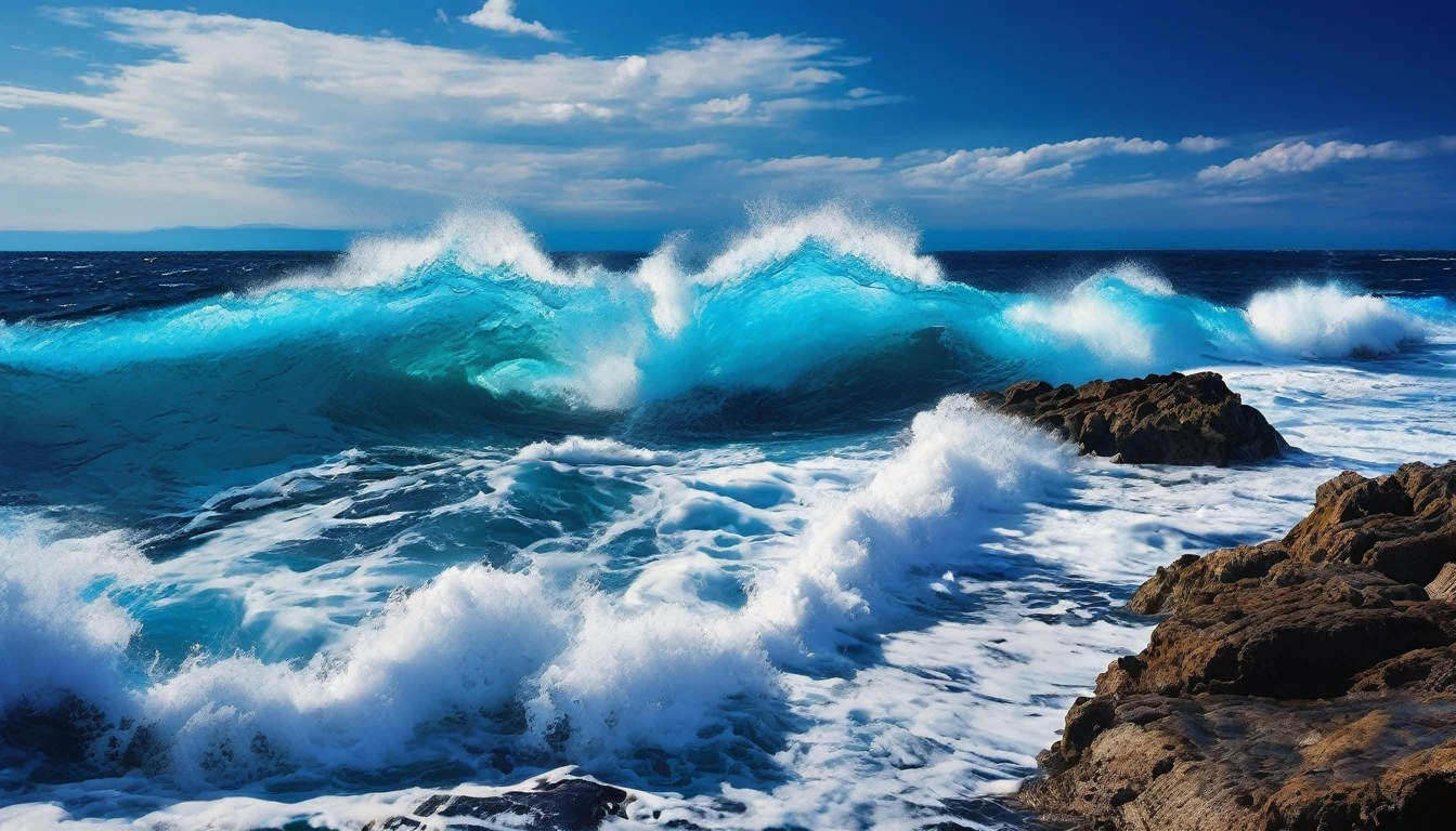 arafed view of a blue ocean with blue waves crashing, chaotic sea setting, breathtaking composition, beautiful sea landscapes, stunning ocean, magnificent background, beautiful background, beautiful dreamy breathtaking, beautiful blue ocean