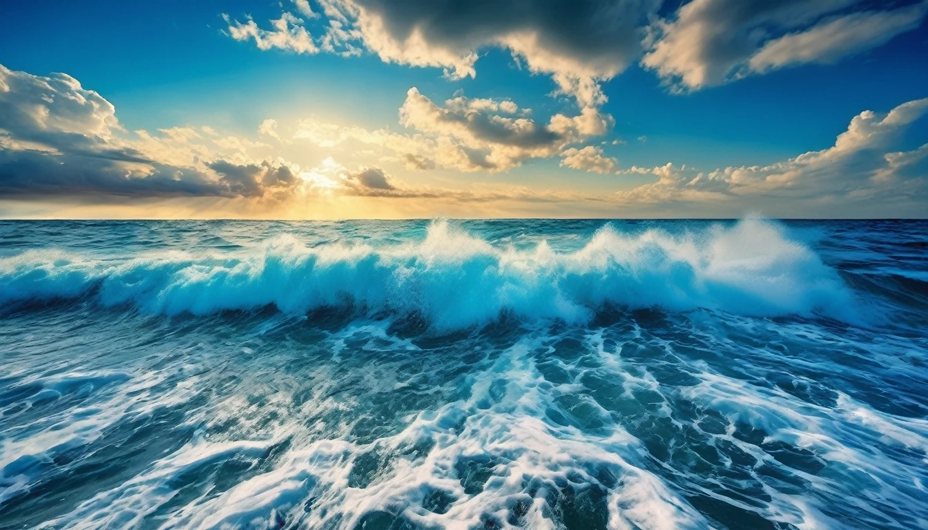 arafed view of a blue ocean with blue waves crashing, chaotic sea setting, breathtaking composition, beautiful sea landscapes, stunning ocean, magnificent background, beautiful background, beautiful dreamy breathtaking, beautiful blue ocean