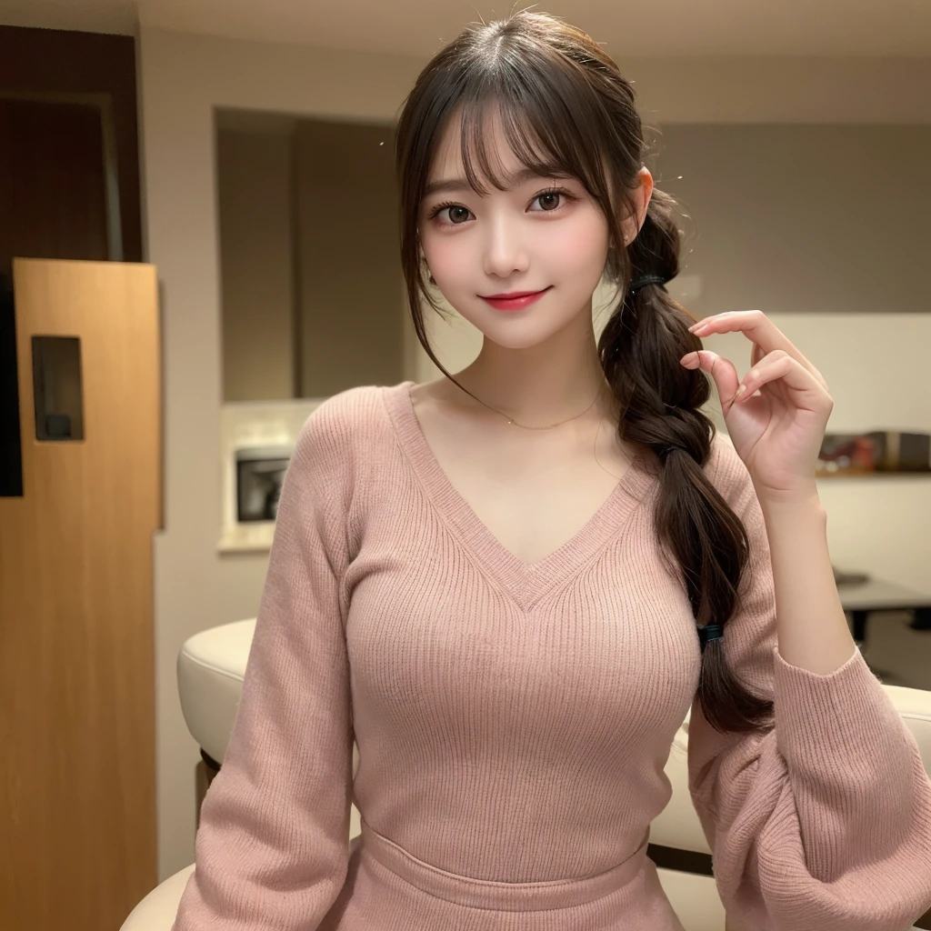 Tabletop, Highest quality, shape, Very detailed, finely, High resolution, 8k wallpaper, 完璧なダイナミックな構shape, Beautiful and detailed, Straight hair, Small breasts, Natural color lip, Random sexy poses,smile,20-year-old girl、Midnight、Beautiful and elaborate face、Perfect and beautiful face,Big eyes、RAW Photos、Expressing feminine poses with the whole body、Beautiful and detailed、Small face、Beautiful Duplex、Slim face and figure,Light pink long sleeve dress、Beautiful golden ratio face,Twin ponytail,Bright expression,Shooting with a focus on beautiful legs