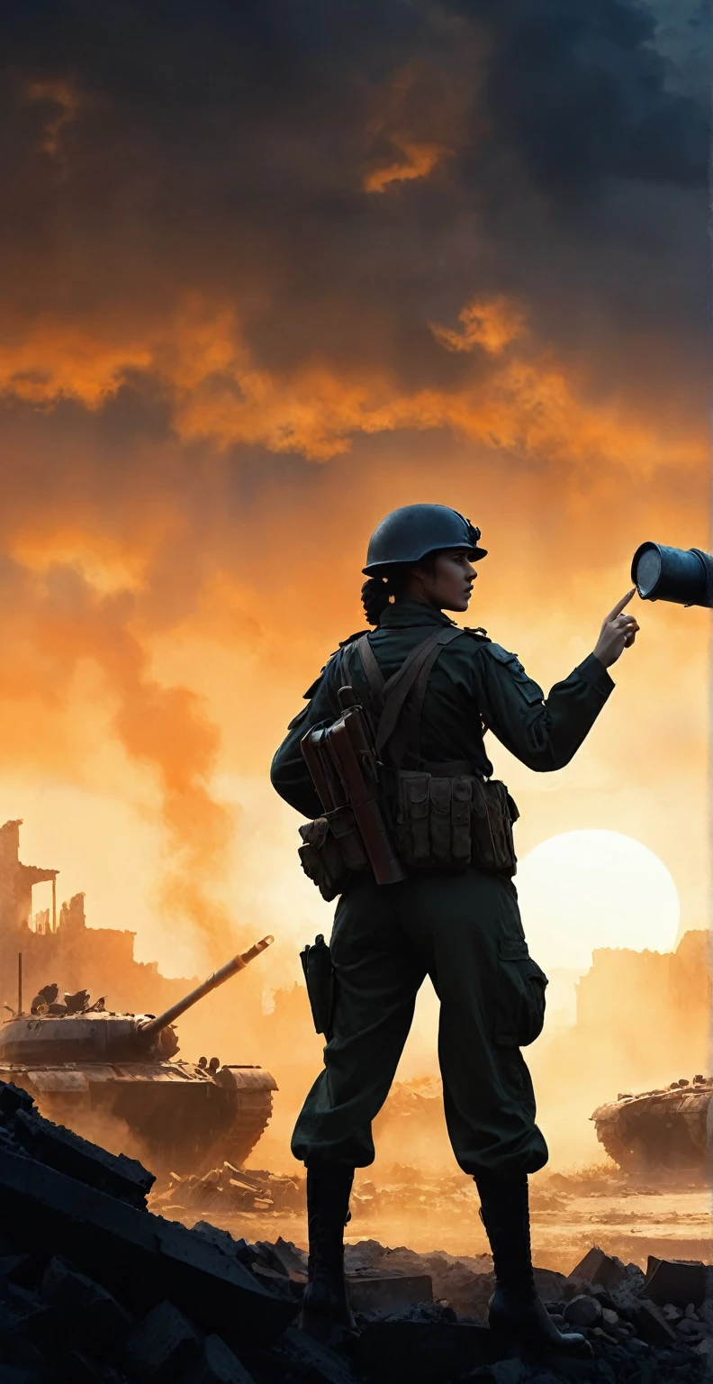 (A female soldier raised her hand to touch something,Background is the ruins of the city,Under the sunset:1.5)painting masterpiece, Extremely detailed, Black White Dark Steel Dark Blue Black Light Brown Dark Brown White Light Orange Dark Red Dark Green, Dramatic Lighting, evening, High contrast, steam, FOG, Israeli soldiers fighting with tanks on the battlefield, Movie Lighting, Aspect ratio of 16:9, steam, 4K, professional ominous Concept Art, author:artgerm and greg rutkowski, complex, elegant, Highly detailed digital painting, Concept Art, Smooth, Clear focus, illustration, Simon Starenhagen's style, Wayne Barlow, 和 igor kieryluk., Acrylic painting, Popular in pixiv Fan Box, Palette knife and brush strokes, Makoto Shinkai's styleJamie WiseJames GirardEdward HopperGreg RutkowskiStudio GhibliGenshin Impact