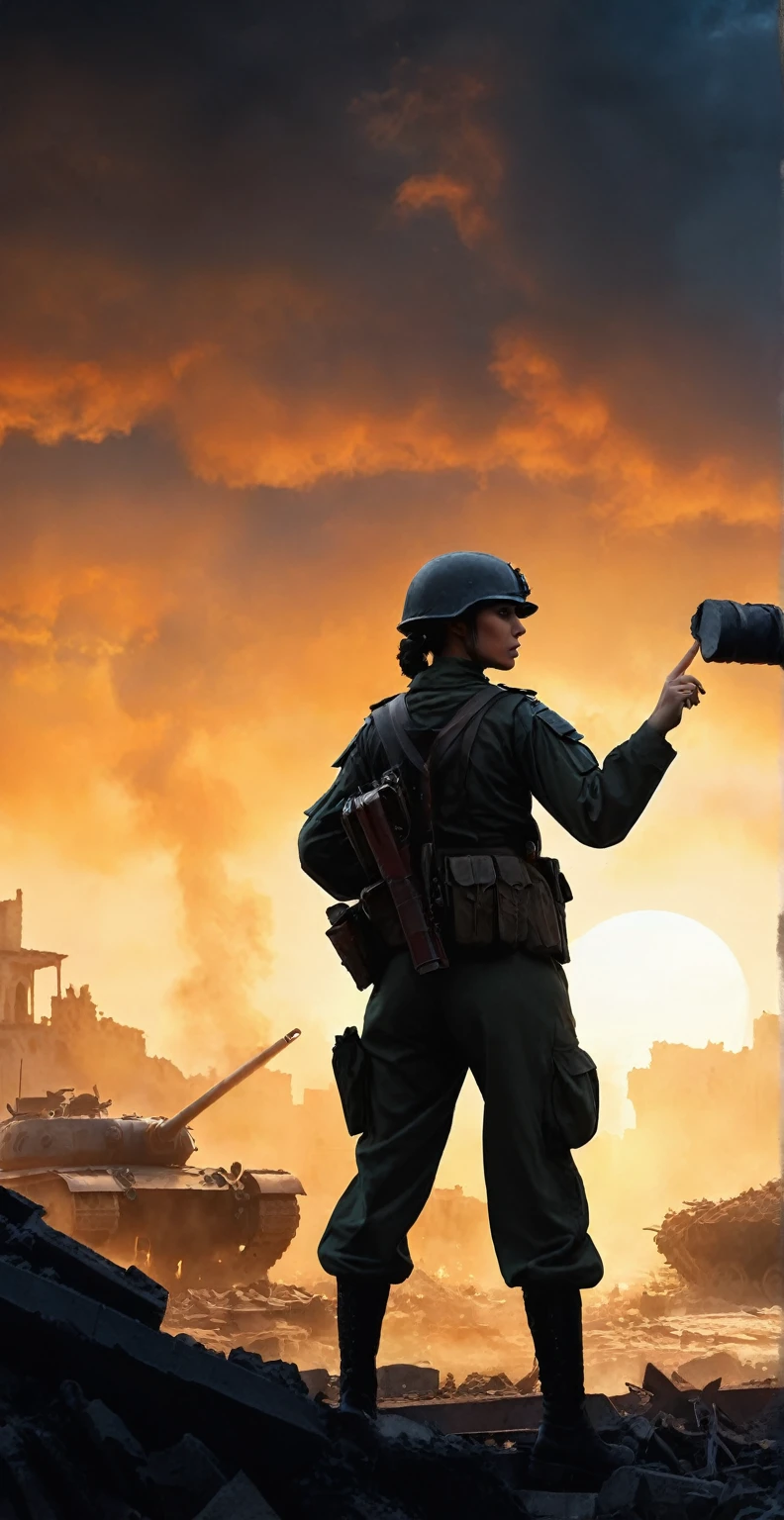 (A female soldier raised her hand to touch something,Background is the ruins of the city,Under the sunset:1.5)painting masterpiece, Extremely detailed, Black White Dark Steel Dark Blue Black Light Brown Dark Brown White Light Orange Dark Red Dark Green, Dramatic Lighting, evening, High contrast, steam, FOG, Israeli soldiers fighting with tanks on the battlefield, Movie Lighting, Aspect ratio of 16:9, steam, 4K, professional ominous Concept Art, author:artgerm and greg rutkowski, complex, elegant, Highly detailed digital painting, Concept Art, Smooth, Clear focus, illustration, Simon Starenhagen's style, Wayne Barlow, 和 igor kieryluk., Acrylic painting, Popular in pixiv Fan Box, Palette knife and brush strokes, Makoto Shinkai's styleJamie WiseJames GirardEdward HopperGreg RutkowskiStudio GhibliGenshin Impact