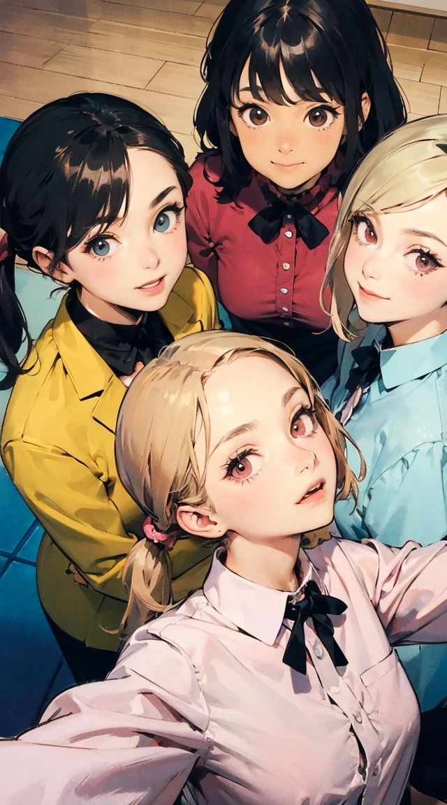 Cabin Crew、Group photo　(Best Quality,4K,High resolution), Delicately expressed illustrations with realistic details，Gathering of 5 women＋selfee，Looking at the camera、Point the camera up，Staring at this、Smile，Red color clothes，（Black long straight hair），Yellow clothes，（ Brown bob hair）Blue color clothes，（short-haired and disheveled hair,,,,） pink color clothes，（ Beautiful with a pink ponytail），white colored clothes，（Blonde twintails），5 women of idol type，stage，Lively exterior，comic strip，animesque，Comical illustration，Cute illustrations delicately drawn in detail，Looking up at the camera from above