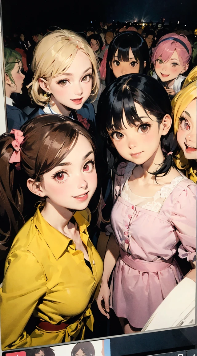 Cabin Crew、Group photo　(Best Quality,4K,High resolution), Delicately expressed illustrations with realistic details，Gathering of 5 women＋selfee，Looking at the camera、Point the camera up，Staring at this、Smile，Red color clothes，（Black long straight hair），Yellow clothes，（ Brown bob hair）Blue color clothes，（short-haired and disheveled hair,,,,） pink color clothes，（ Beautiful with a pink ponytail），white colored clothes，（Blonde twintails），5 women of idol type，stage，Lively exterior，comic strip，animesque，Comical illustration，Cute illustrations delicately drawn in detail，Looking up at the camera from above