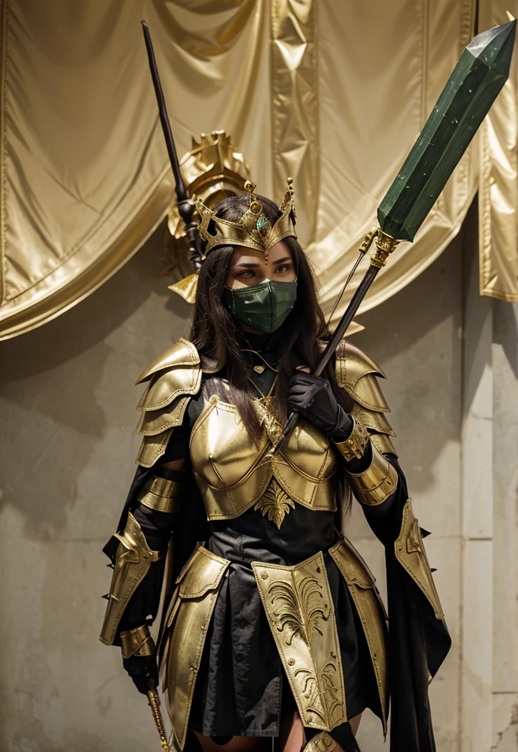A queen in golden armor dark green Leather and a spear with a crystal on it on her back armored mouth mask