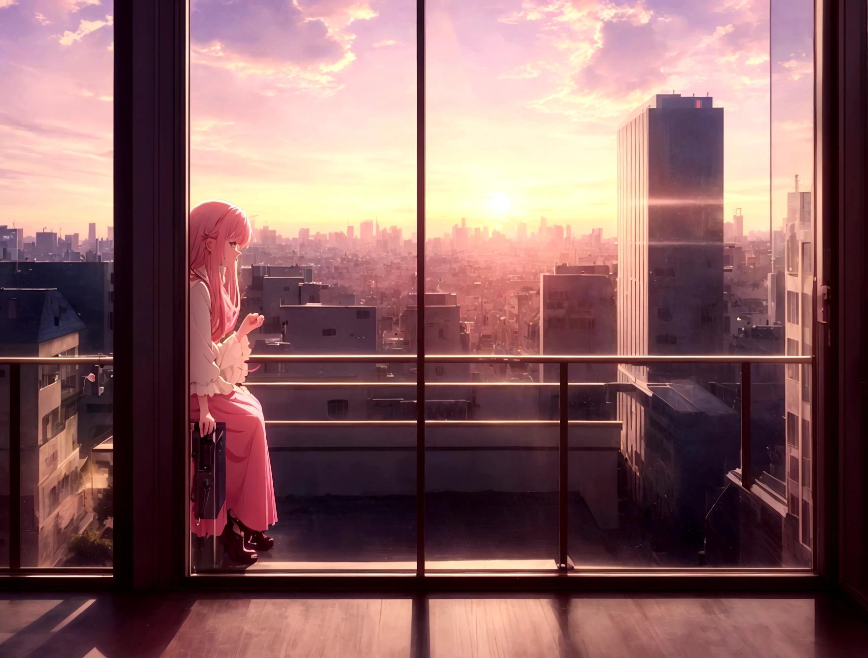Absurd, High resolution, (Official Art, beautifully、aesthetic:1.2), Sit by the window and look outside, Girl listening to music, light pink long hair, Lo-fi Girl, Bright Sky, A vast world, Kaisei and Artgelm, Anime atmosphere, Lofi Artstyle, Anime Style 4k, Anime Aesthetics, Lo-fi feeling, Lofi Art, anime art wallpaper 4k, An atmosphere of praise, Rooms with large windows, Emotional cityscape, city room