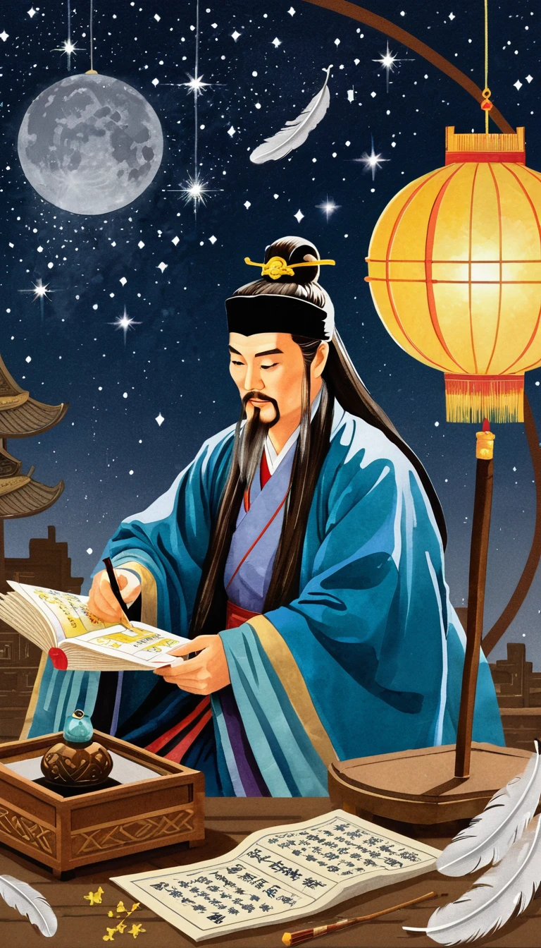 Detailed fortune teller in oriental style, Zhuge Liang,Zhuge Kongming,Astrologer Kong Ming, Profile,flattery,Holding a feather fan,Feather fan,Looking at the night sky,Kongming Lantern,Paper lights, Galaxy, Starlight, Gossip symbols, Good fortune and prosperity