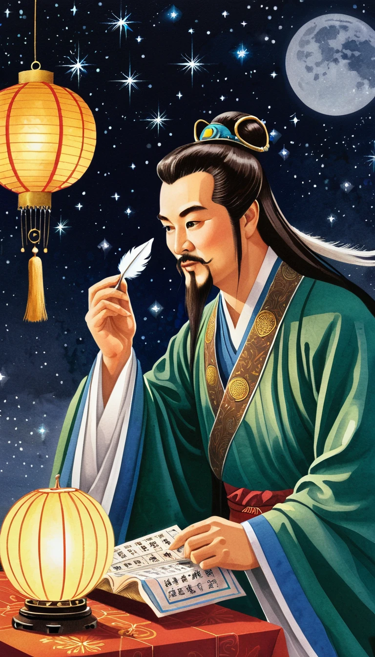 Detailed fortune teller in oriental style, Zhuge Liang,Zhuge Kongming,Astrologer Kong Ming, Profile,flattery,Holding a feather fan,Feather fan,Looking at the night sky,Kongming Lantern,Paper lights, Galaxy, Starlight, Gossip symbols, Good fortune and prosperity