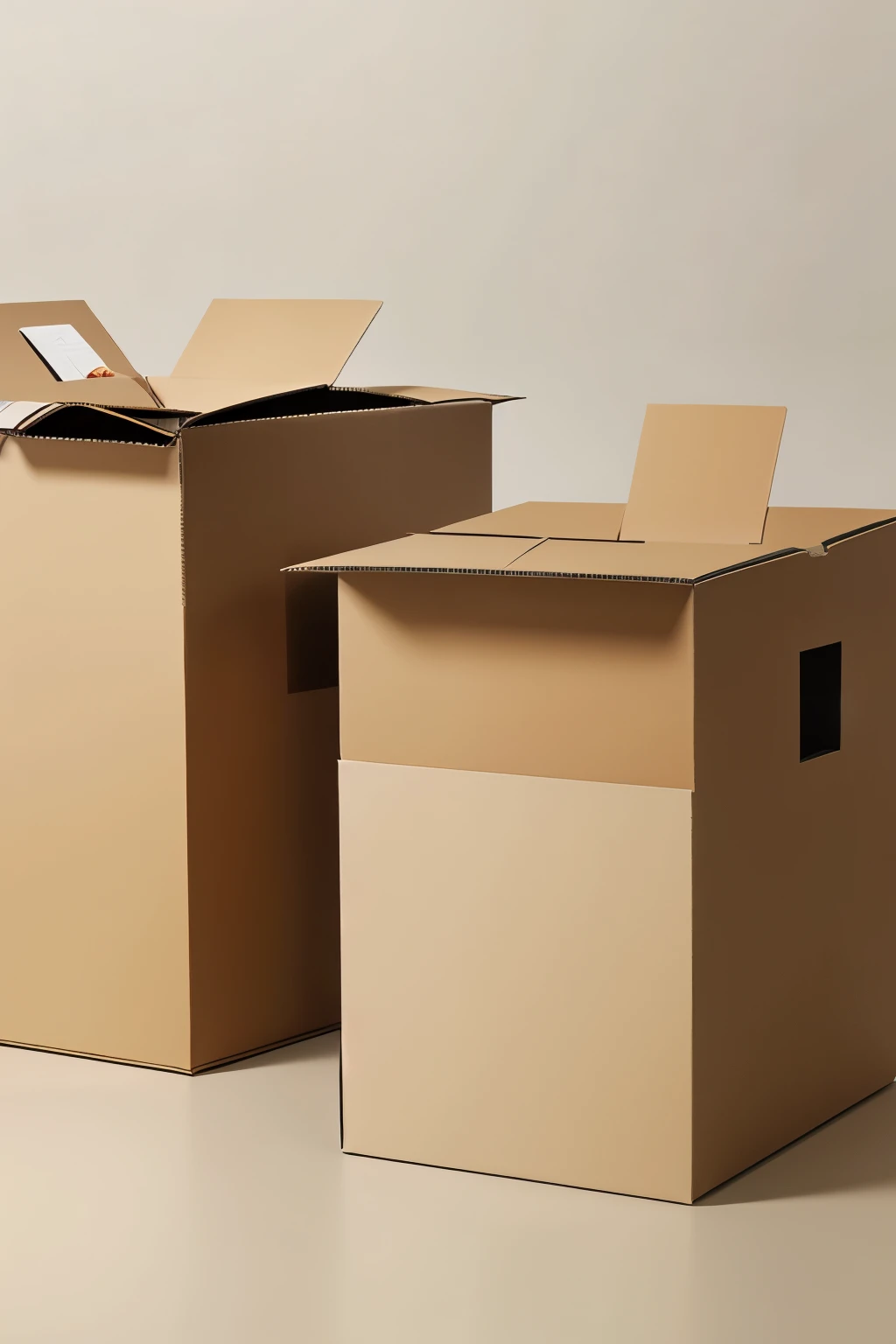 Creat an image of mono cartons and labels for showcase our products in post and no text or logos in image and different size of cartons