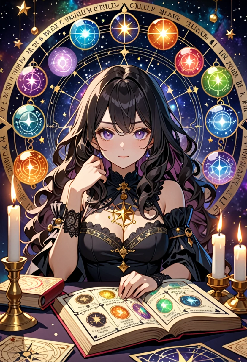 Highest quality, 16K, Unbelievably absurd, Very detailed, 2.5D, delicate and dynamic, , formal, Fortune Telling Hut, Gothic, candle, Astrology Books, Suspicious ornament, Star Chart, Thick book, Creepy Paintings, Gargoyle, A colorful celestial globe, Small face, Very delicate facial expressions, Delicate eye depiction, Upper body close-up, erotic, One sexy woman, Cool woman, black long wavy hair, Healthy body shape, 25-year-old woman, Cool woman, Height: 170cm, huge bouncing busts, astrologer, Horoscope, Tarot Cards, Suspicious look, A complex magician&#39;s outfit, Magician&#39;s outfit in chic colors, garter belt, Fishnet tights, Magician&#39;s Shoes, At the desk, Fortune telling, 