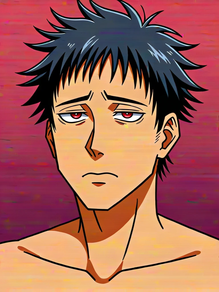 (1boy,jujutsu kaisen) solo, ((brown skin color)), black hair, ((messy fringe hairstyle)), red eyes, black suit, tired eyes, eye bags, , masterpiece, best quality, high quality, upper body, male focus, eye bags,