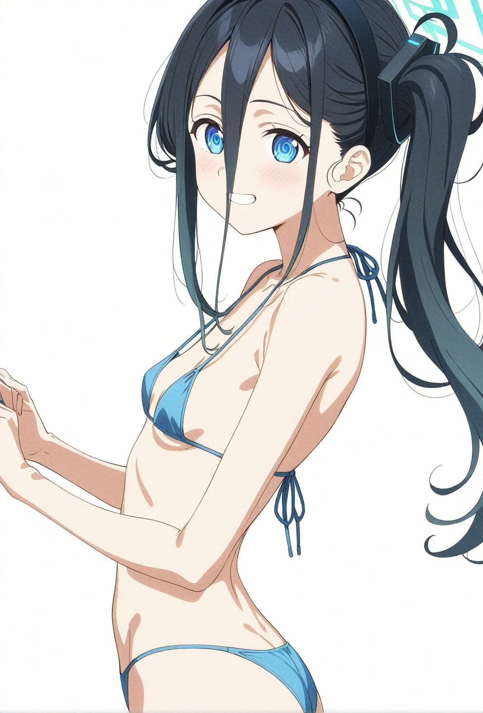 best quality, amazing quality, very aesthetic, absurdres, (1girl, aris (blue archive), blue archive, blue eyes, black hair, small breasts), (realistic face:0.9),(string bikini:1.8), (grin, blush, thigh:1.3), (cowboy shot), (glowing eyes), (half closed eyes:0.9), (from side:2), (official art:1.3), (pool), expressive eyes, perfect face, 4k, extremely detailed anime illustration, extremely detailed eyes, perfect anatomy, light rays, extremely delicate body, smooth skin, (simple background:1.5), clear eyes, beautiful face, small breasts,(anime style:1.7), (Warm Light:1.5), (highres:2),