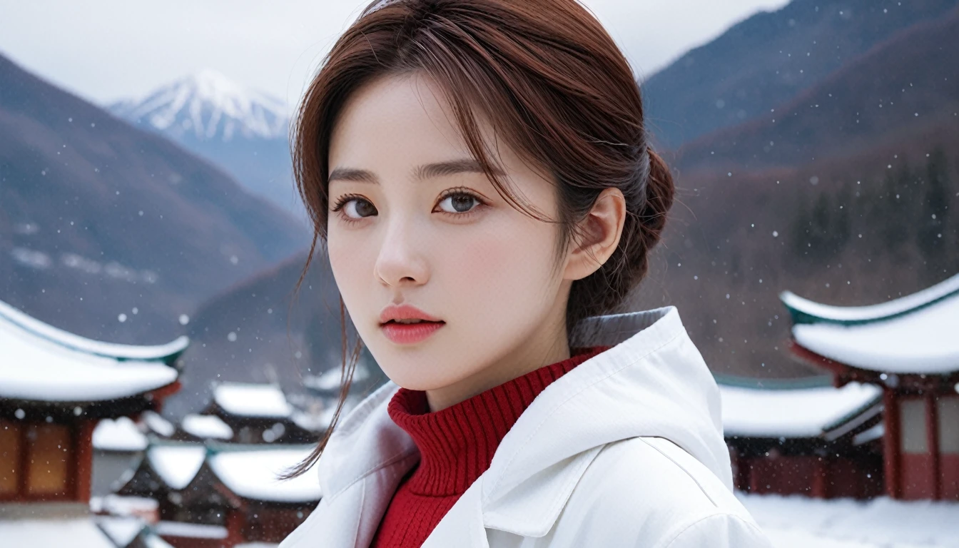 (1 female:1.3), alone, ((Very Detailed face)), ((Very detailed 눈과 얼굴)), beautiful 디테일의 눈, Full body parts, Official Art, Integrated 8K wallpapers, Very detailed, beautiful and beautiful, beautiful, masterpiece, 最high quality, original, masterpiece, Very nice photo, 最high quality, Ultra-high resolution, Realistic realism, cloudy, Full body portrait, Great beauty, Dynamic pose, Delicate face, Vivid eyes, (from the front), She is wearing a white coat, white and red color scheme, Very detailed 해수욕장 배경, View of snowy mountains, Detailed face, Detailed, intricate and busy background, very cool, Milk White, Very detailed 피부, Realistic skin detail, Pores are visible, Clear focus, 8kg Luxury, Digital SLR, high quality, Film Grain, Fair skin, Photographic realism, Lomography, Futuristic dystopian megacity, And details, (Detailed photo taken with a Hasseblad X1D-50c lens), transparent