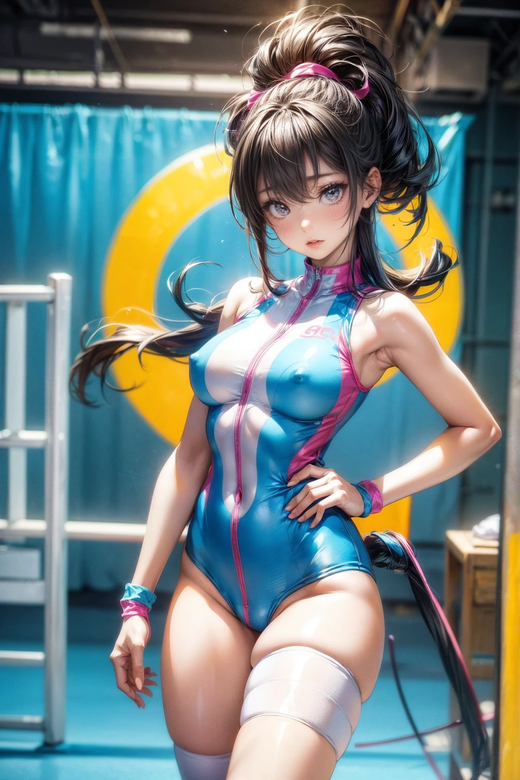 80s aerobics style、High leg leotard、Colored tights、loose socks、sneakers、Detailed picture、girl、25-year-old woman、Dynamic and lively pose、Crotch line、Erect nipples