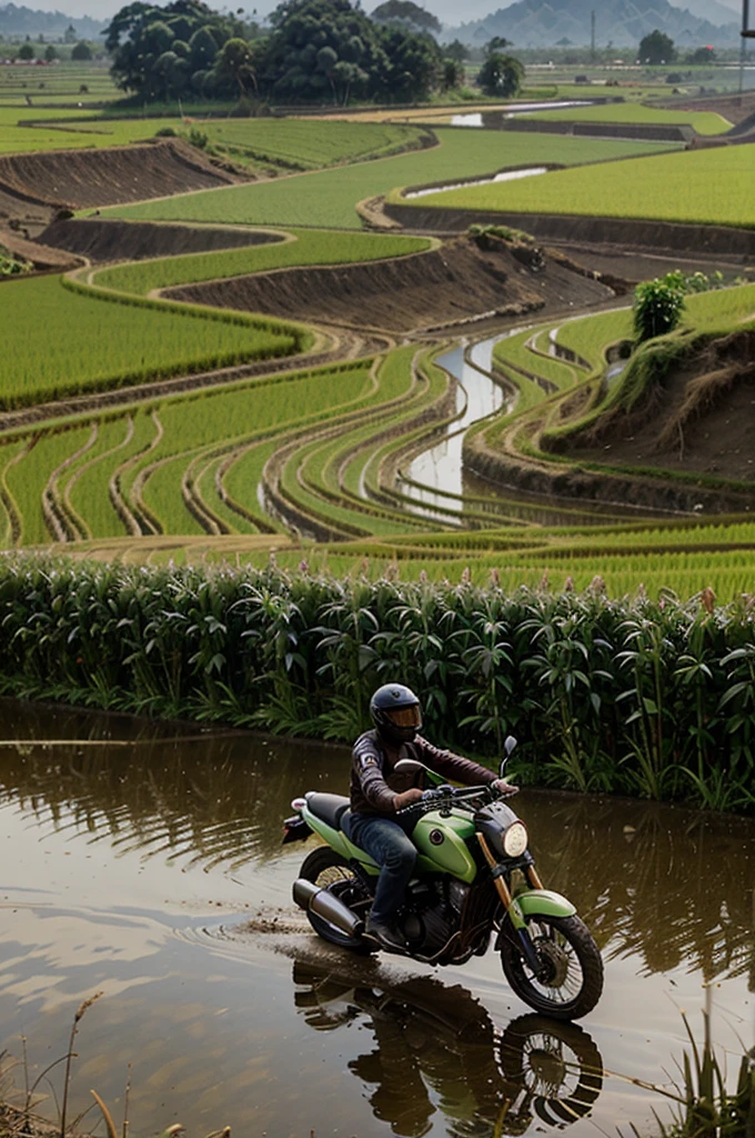 4D caricature of short haired man, riding motorcycle , Bud shoes around there are views of rice fields in Indonesia