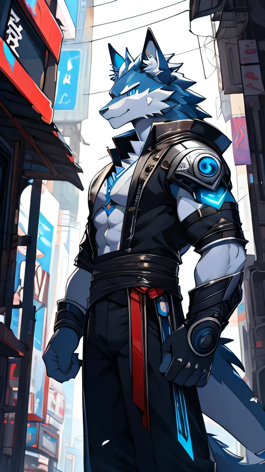 The black and white dragon wolf alone, Meticulous and pragmatic, Exquisite eyes( blue eyes)),，He was wearing a small white cloth bag， Standing，flirt，Crotch bulge，Sexual desire，Small round face，Sweating，Cyberpunk warriors，Iron Fist