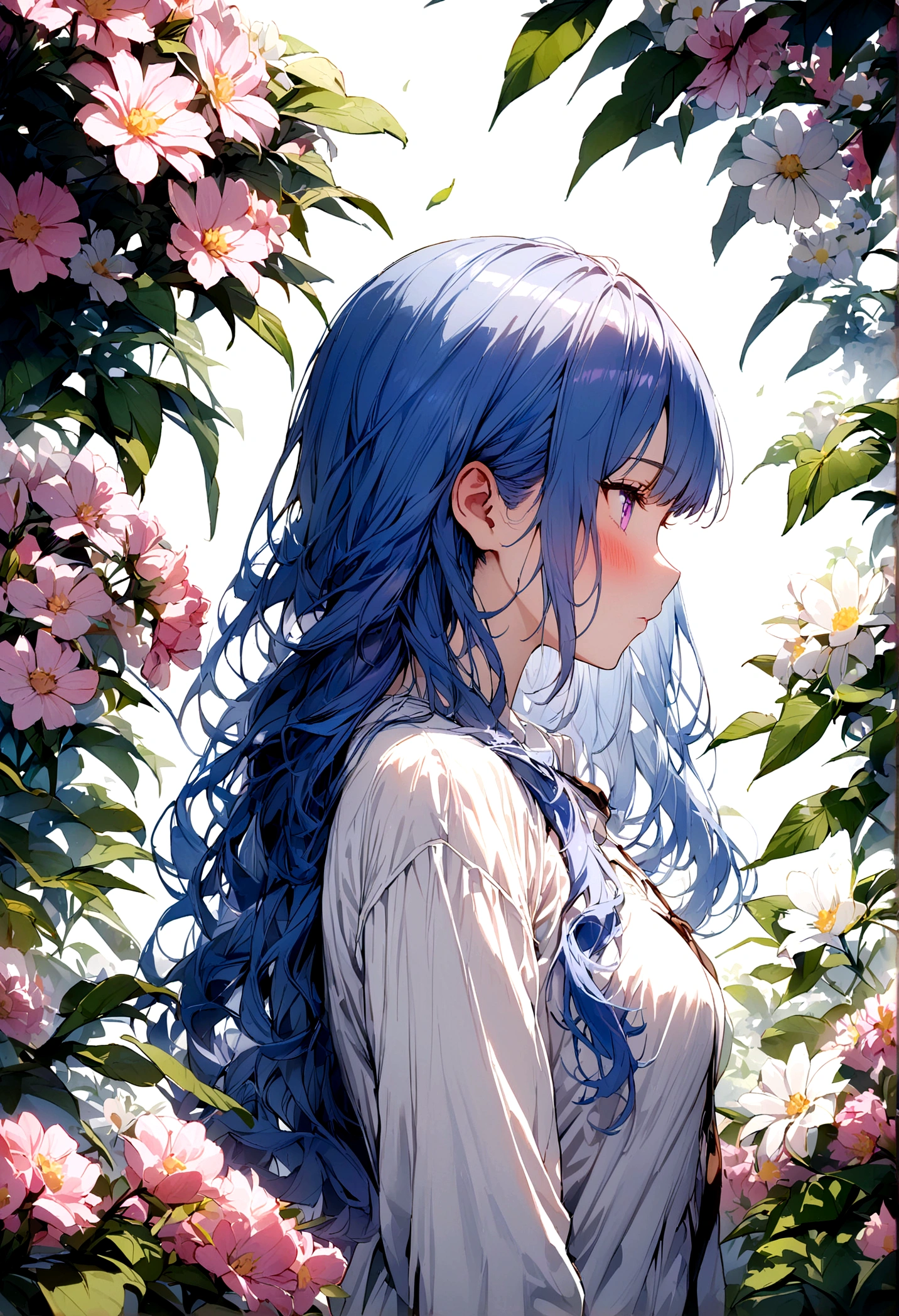 best quality, masterpiece, extremely detailed, detailed background, 1girl, solo, long hair, flower, blue hair, white background, pink flower, simple background, profile, upper body, shirt, white shirt, white flower, bow, bangs, purple eyes, leaf, blush