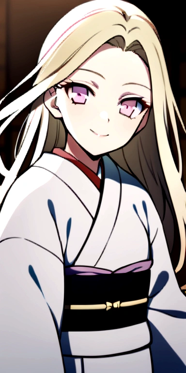 a girl, light blonde long hair, pink eyes, light yellow eyelashes, wearing a kimono, smiling. Kimetsu no Yaiba 