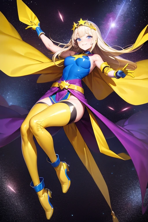 ((best quality)), ((masterpiece)), (detailed), 1 girl, Full body, 19 years old, White skin, Smiling face, Blue eyes, Star shaped tiara, Arms outstretched, Arms behind waist, Masked face, Eye mask, Superhero mask, blue mask, Blushing, Blonde hair, Straight hair, Long hair, Bangs, 2 star clips on the sides of hair, Full body, Medium breasts, Slim body, Hands with yellow stars on them, Wrist bands, Long yellow gloves, Purple gloves, Superhero costume, Superheroes, Full body entirely yellow suit, With a big yellow star in the center, Star emblem, Somewhat tight, Long yellow cape on waist, Red belt, Thighs with tights purple, purple boots, flying, city background, anime