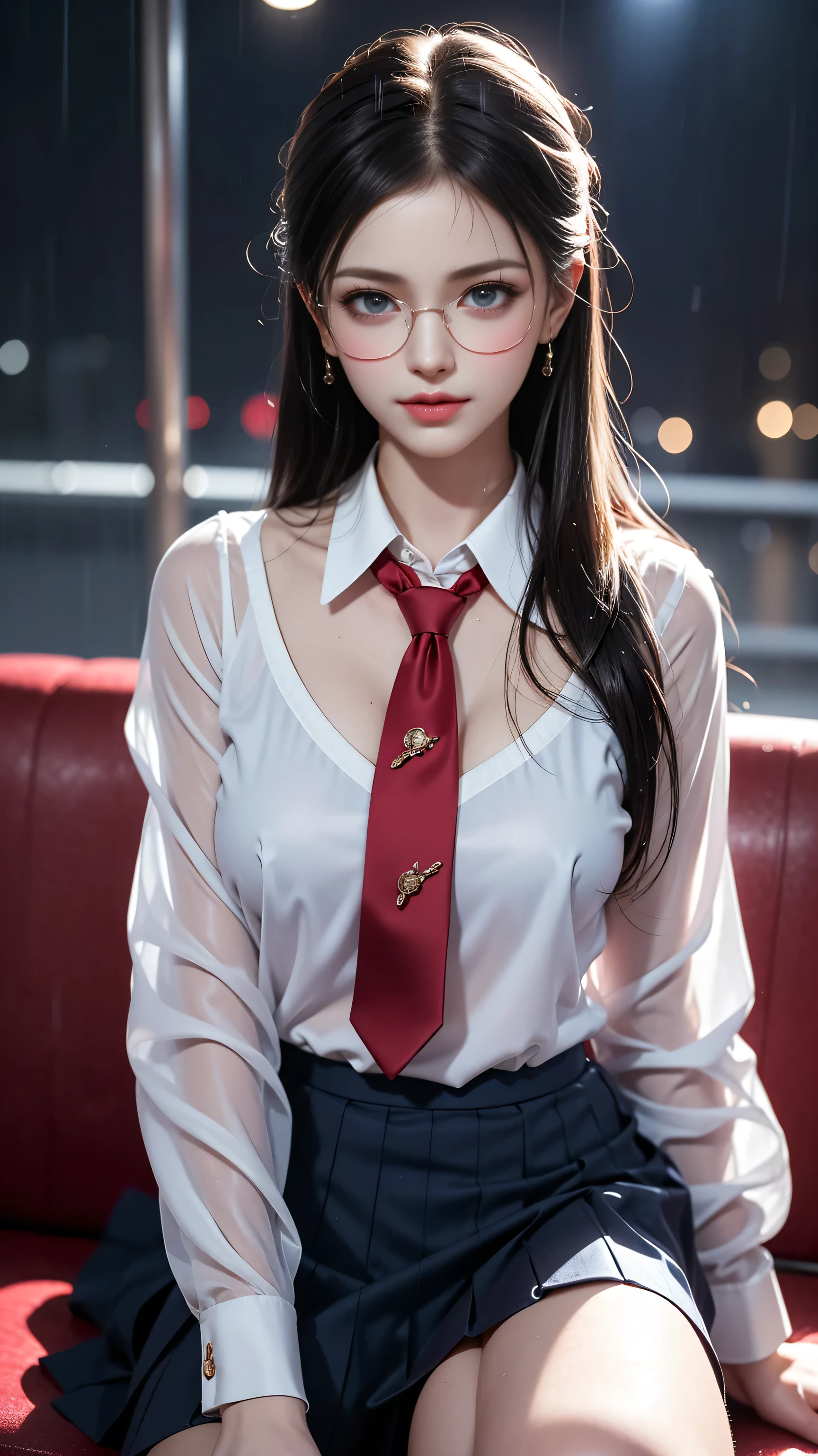 (RAW shooting, Photorealistic:1.5, 8K, Highest quality, masterpiece, Ultra-high resolution), Perfect dynamic composition:1.2, Night Street Corner, Looking up at the sky:1.3, (((Heavy rain from a typhoon))), Highly detailed skin and facial textures:1. 2, A slim high school girl wet with rain:1.3, Sexy beauty, Perfect Style:1.2, Aesthetic and beautiful, Fair skin, Very beautiful face, (Rain dripping all over my body:1. 2, Wet Hair:1.4, Wet Hair:1. 2)、Water droplets on the skin、(Medium chest、Chest gap)、(Shy laugh、The expression when feeling intense caressing、Facial expression when feeling pleasure)、(Beautiful blue eyes)、perfect body、Perfect fingertips(Girl sitting on train seat)、Highest quality works、Live-action work、Ultra Premium Graphics、8K HD CG Works、High Quality Graphics、High-definition CG works、10x pixels、Ultra-fine details:1. 1、Advanced technical details:1.1、Photorealistic、Indoor Lighting Effects:1.5、Natural light:1.5。Lighting Effects(Virtual Lighting Effects:1. 8),(Golden white short hair),(Bob Hair),(close your eyes),(Thin eyebrows),(High nose),(Clean red lips),(Rose Cheeks),(Subtle makeup face),(Girl),(Cute face),(Perfectly balanced face),(Light-toned foundation),(Enhances the clarity of the skin)((Semi-transparent white blouse、Red tie、Navy blue checked skirt)).( Wet light blue bra、Pink nipples)、
40k, photograph, On the table, Highest quality, Rain Background, ((Light Hair Girl, She has a beautiful face and、Wear glasses,