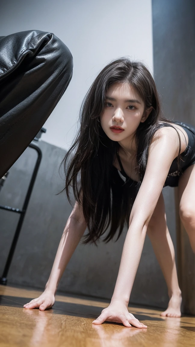 21yo girl, gray hair, (crawl in under of viewer:1.6), (from below:1.8), natural big breast, plump body,single sidelock hairpin blush, modern cinematic lighting, ray tracing, drop shadow wide shot UHD, textured skin, high details, best quality 4K, crawl pose on the bed, setup face, sad, Grunge style create a photo realistic image that the viewer has never envisioned before,the image should demonstrate extreme creativity,imaginative,bold,inspiring,original in subject,original in style,amazing composition,intricately detailed,absurdly complex.