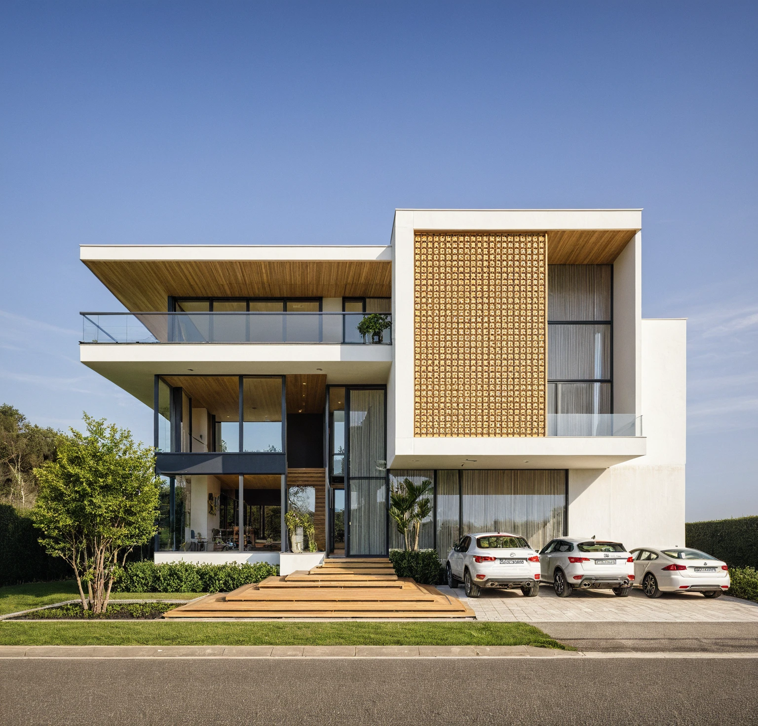 ouvrages d'art, High quality, best quality, authentique, Great detail, En plein air, plain-piedVilla XL, credit group, style de maison moderne dans la rue ,stairs, white wall ,itinerary,pavement, grass, trees, sky, nuvens, (day light:1.1)