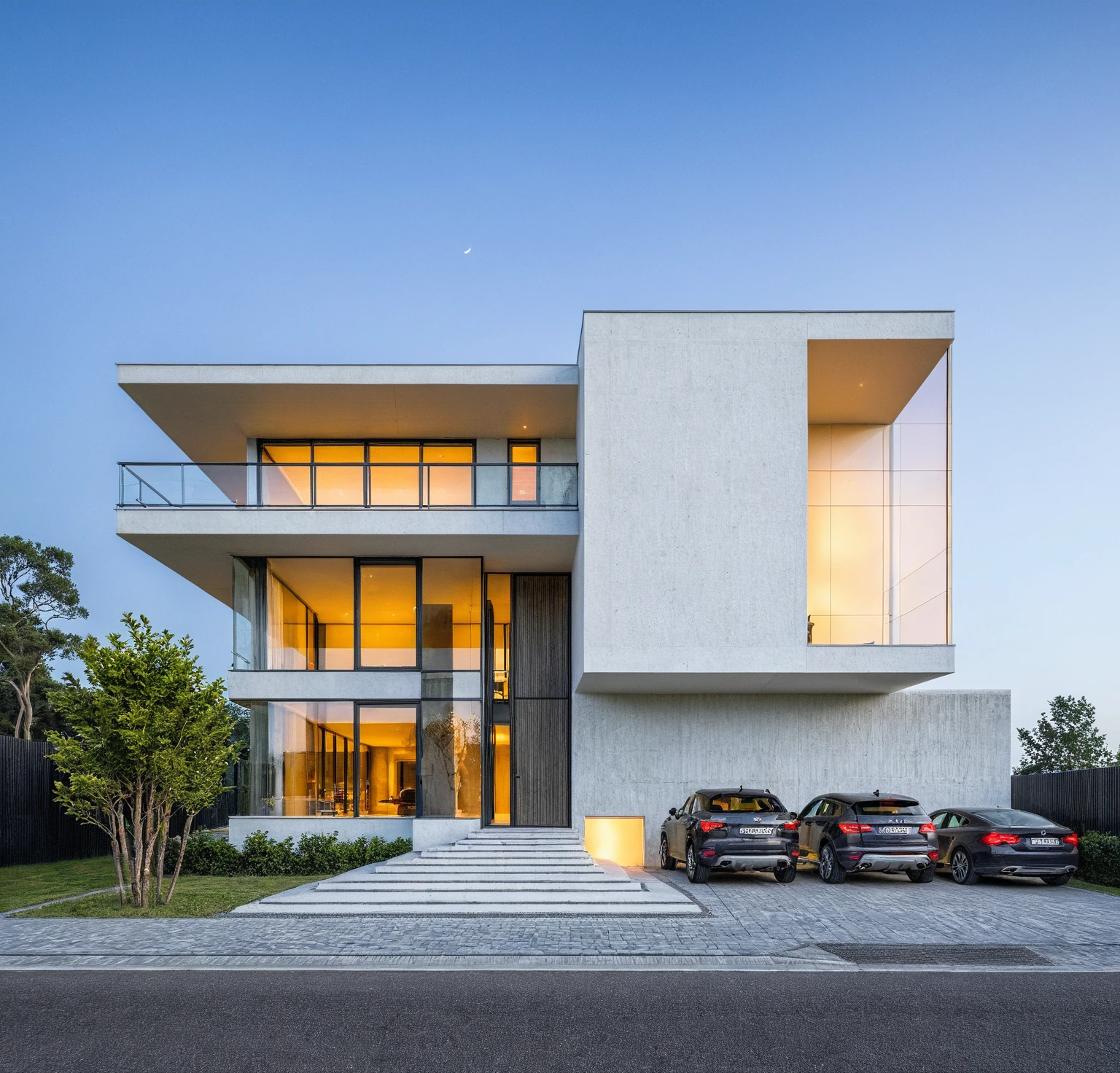 ouvrages d&#39;art, High quality, best quality, authentique, Great detail, En plein air, plain-piedVilla XL, credit group, style de maison moderne dans la rue ,stairs, white wall ,itinerary,pavement, grass, trees, sky, nuvens, (day light:1.1)
