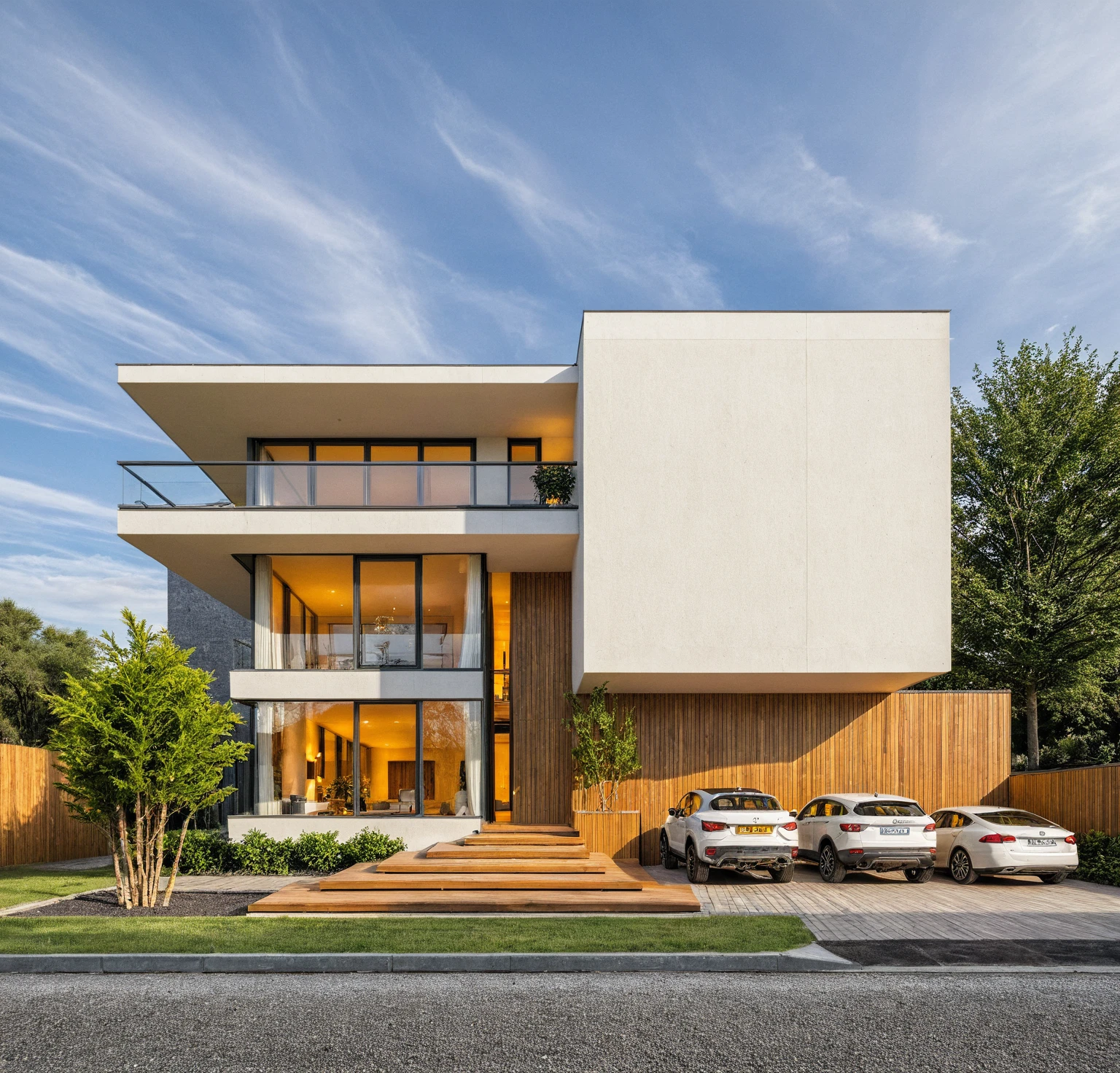 ouvrages d&#39;art, High quality, best quality, authentique, Great detail, En plein air, plain-piedVilla XL, credit group, style de maison moderne dans la rue ,stairs, white wall ,itinerary,pavement, grass, trees, sky, nuvens, (day light:1.1)
