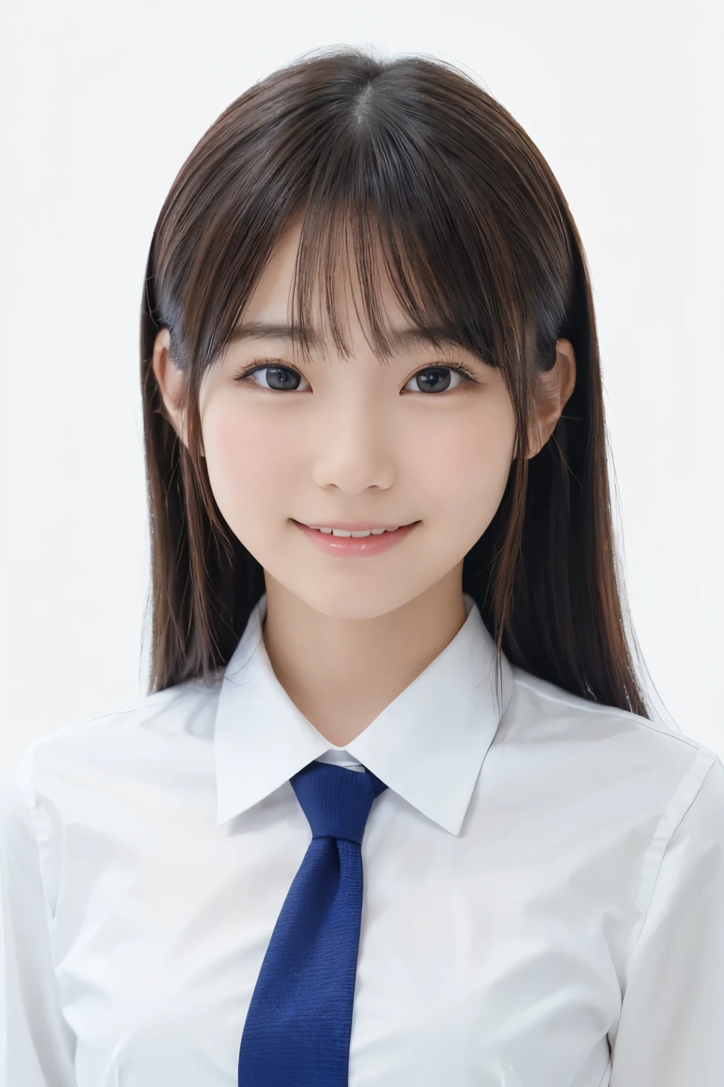 (A photo of your face:1.25), , One Japanese woman, beautiful girl, Pretty face, (View your audience), (Standing facing the camera), (smile)、(Pure white background:1.2)、White shirt、Navy blue tie
