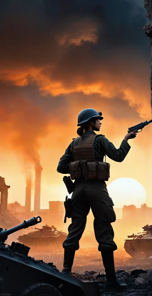 （A female soldier raised her hand to touch something，Background is the ruins of the city，Under the sunset：1.5）painting masterpiece, Extremely detailed, Black White Dark Steel Dark Blue Black Light Brown Dark Brown White Light Orange Dark Red Dark Green, Dramatic Lighting, evening, High contrast, steam, FOG, Israeli soldiers fighting with tanks on the battlefield, Movie Lighting, Aspect ratio of 16:9, steam, 4K, professional ominous Concept Art, author：artgerm and greg rutkowski, complex, elegant, Highly detailed digital painting, Concept Art, Smooth, Clear focus, illustration, Simon Starenhagen&#39;s style, Wayne Barlow, 和 igor kieryluk., Acrylic painting, Popular in pixiv Fan Box, Palette knife and brush strokes, Makoto Shinkai&#39;s styleJamie WiseJames GirardEdward HopperGreg RutkowskiStudio GhibliGenshin Impact