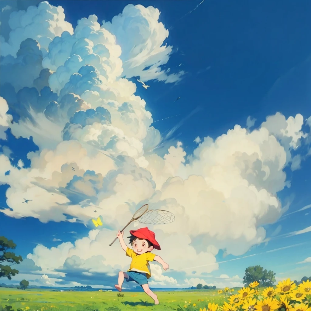 Summer blue sky、　Cumulonimbus、Green Field、Boy with a butterfly net、Chasing butterflies、View from the side