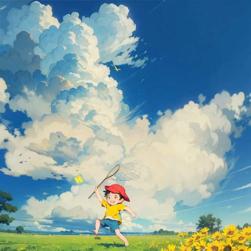 Summer blue sky、 Cumulonimbus、Green Field、Boy with a butterfly net、Chasing butterflies、View from the side