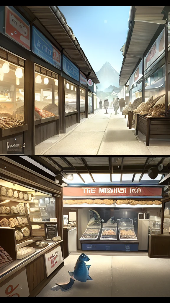 a small dinosaur just stole a fish from a fish shop, running away with it in its hind legs, holding the fish in its front claws, with a silly, panicked expression on its face as it's being chased by the fishmonger, the fish looks to be a medium-sized, silvery one, in the background the fishmonger is shouting at the dinosaur, the scene is set on the street of an open-air market with stalls and people walking by, photograph, wet plate collodion, 4k, 8k, ultra-high definition