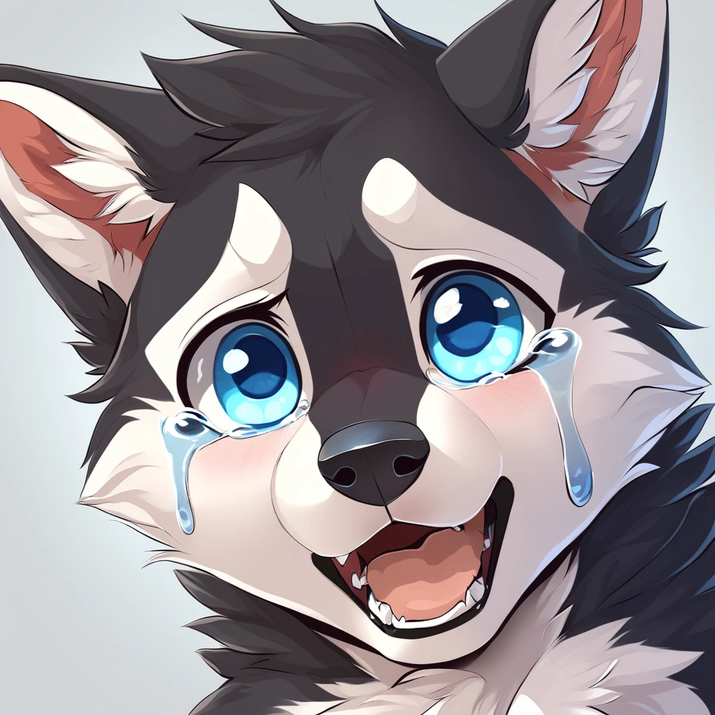 husky puppy, blue eyes, scared, fluffy, crying, 