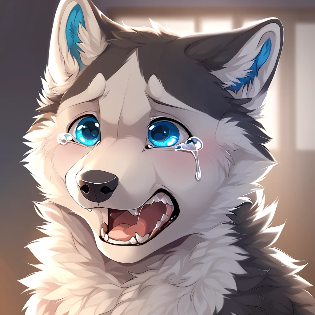 husky puppy, blue eyes, scared, fluffy, crying, 