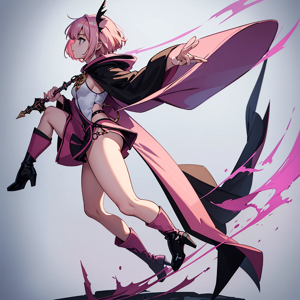 (Full body character concept)、Best illustrations、Best Quality、(Solo)、(The same face:1.1),(One girl、23 years old),Dynamic pose,Medieval Fantasy、Magic wand,(White Background)、(Pink Hair、Very Short Hair、Align your bangs)、(Black hooded robe、pants、Knee-high boots)、(From the side、profile)